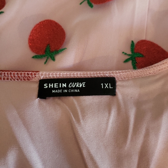 Strawberry V Neck Pink Red Long Sleeve Midi Dress - Picture 5 of 10